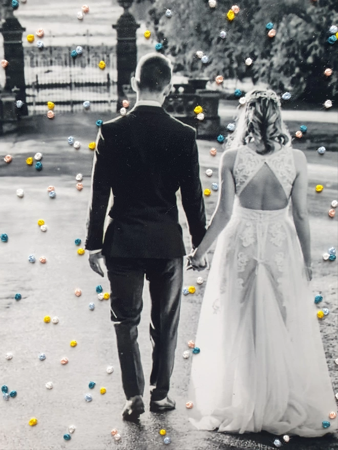  Close up image of wedding photo in B&W with hand embroidered french knot confetti