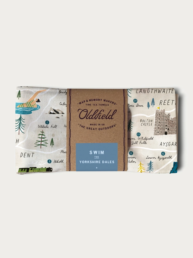 Swim the Yorkshire dales tea towel folded and packaged