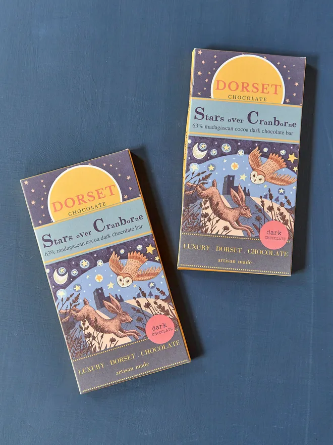 Dorset Chocolate dark chocolate bars with whimsical owl/rabbit/star illustrations
