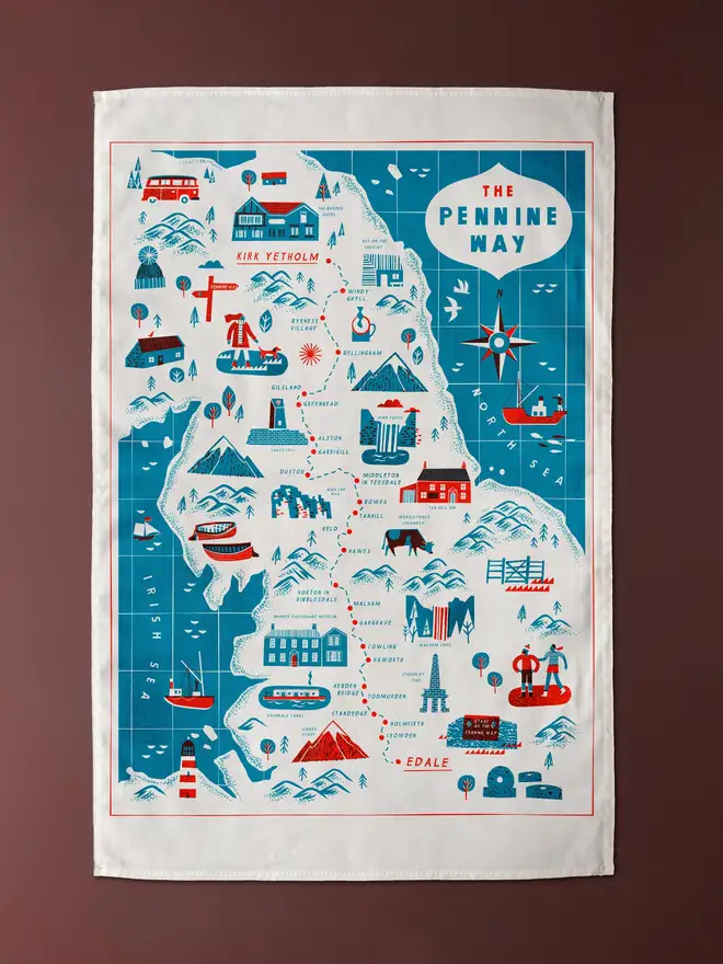 pennine way walking map tea towel