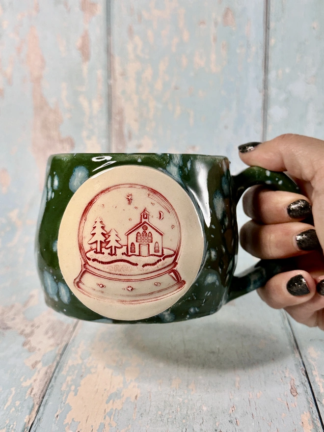 Green Christmas Snow Globe Mug, Handmade Ceramic Cup