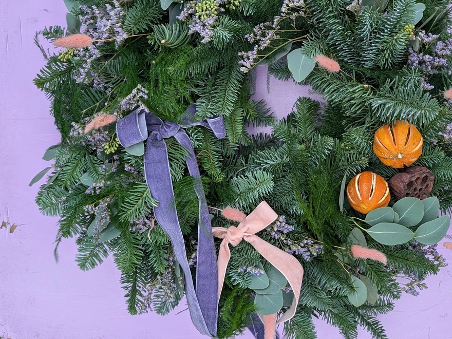 Handcrafted seasonal fresh wreath made to order, natural textures, soft greenery and delicate floral, velvet ribbon, handmade wreath, gift wreath, Christmas wreath