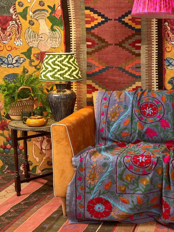 Maximalist Interior Design: Handmade Green Silk Ikat Lampshade in a Patterned Wallpapered Sitting Room