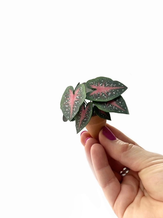 A miniature replica Caladium Red Flash paper plant ornament in a terracotta pot held between 5 fingers against a white background