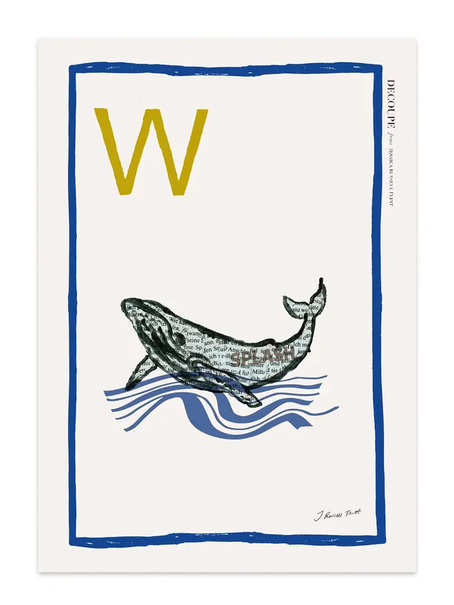 signed a-z alphabet prints. whale print with the letter 'w' in the corner.
