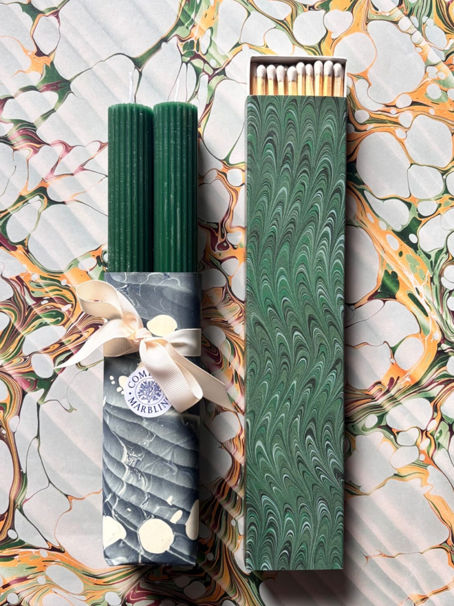 Scalloped Candles & Long Matchbox. Candles in emerald.