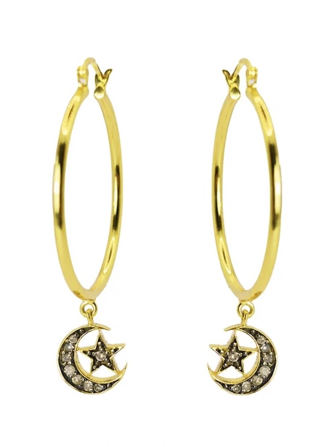 Nina Hoop Earrings with Diamond Moon and Star