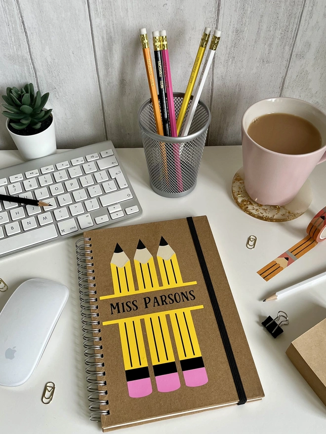 A5 Notebook with yellow pencil design & 5 HB pencil set