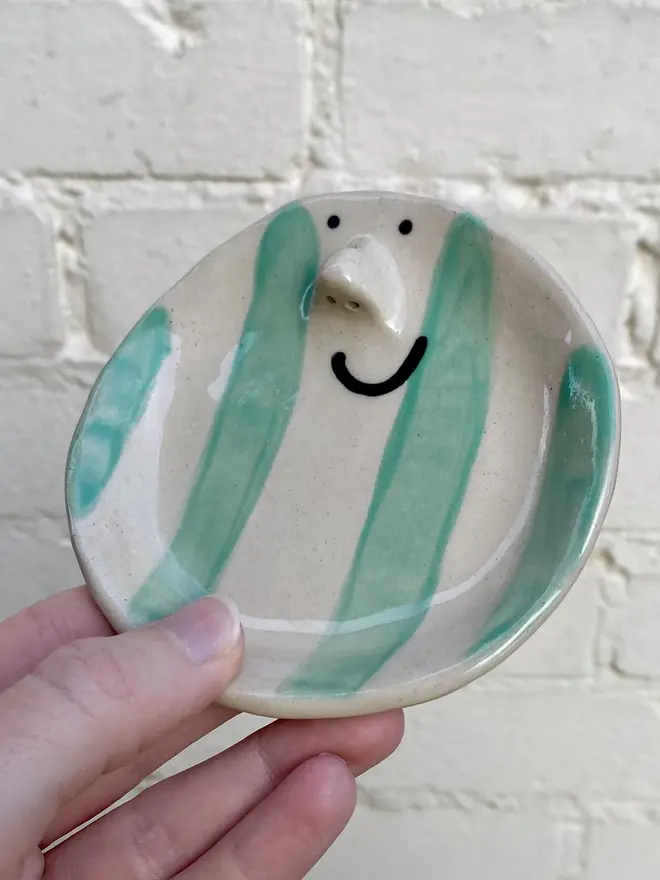 green white stripe handmade ceramic trinket dish