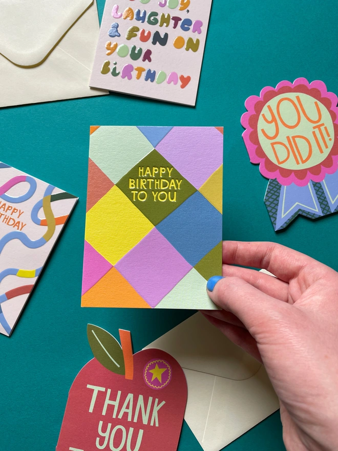 Mini Happy Birthday Card Colourful Harlequin Pattern Flatlay | Raspberry Blossom