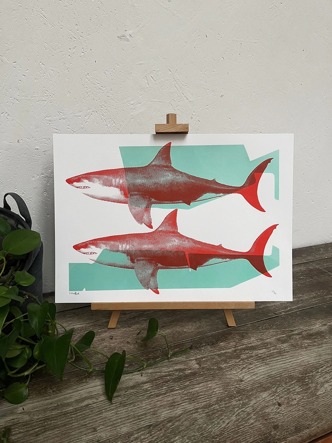 Shark Tank (Turquoise And Red) - Screen Printed Shark Poster - lifestyle shot