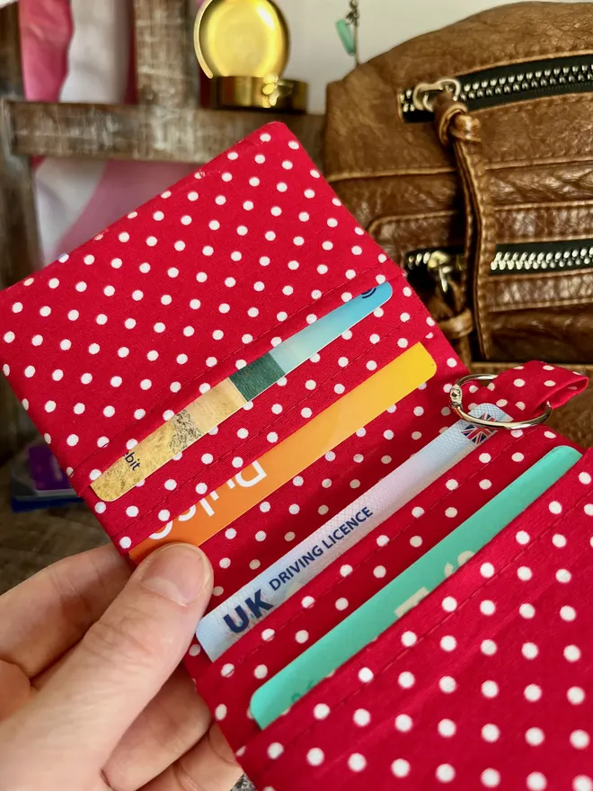 Red Polka Dot Card Wallet open showing 4 card slots