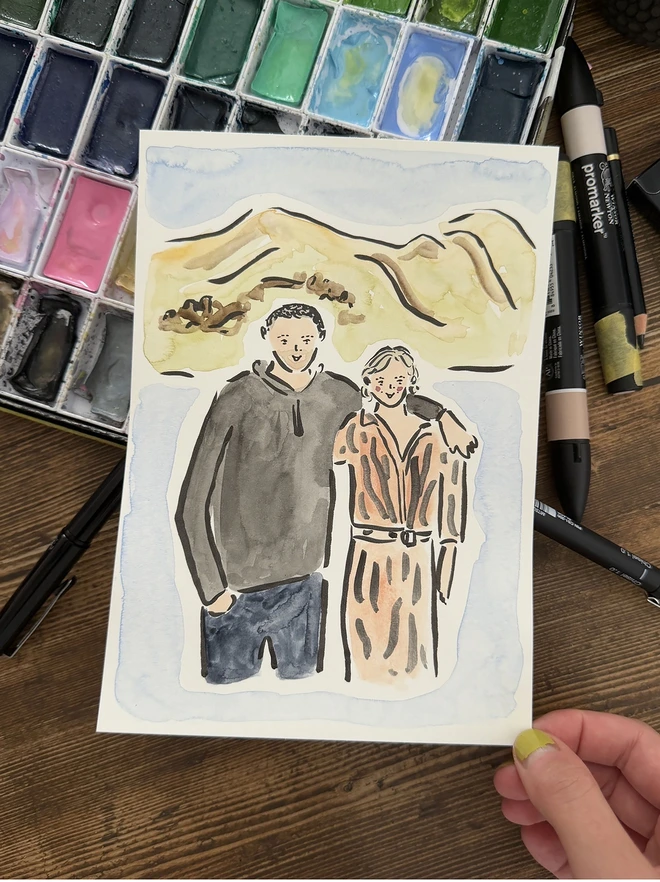 Portrait couple at beach landscape background A4 A5 watercolour and ink