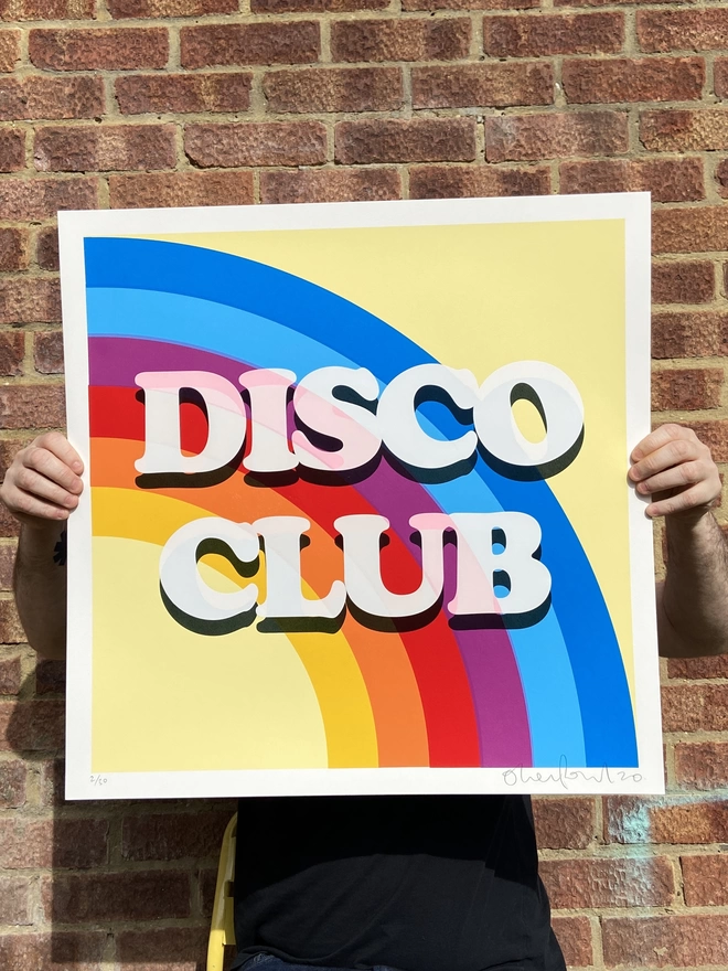 large "disco club" typography screenprint with rainbow and a cream background