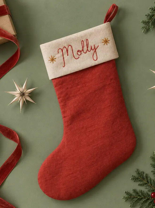 Red Linen stocking - personalised embroidered name, gold stars