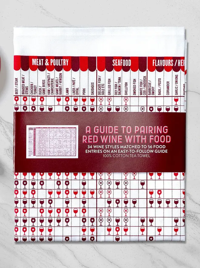 A Guide To Pairing Red Wine With Food Tea Towel, on a table. 