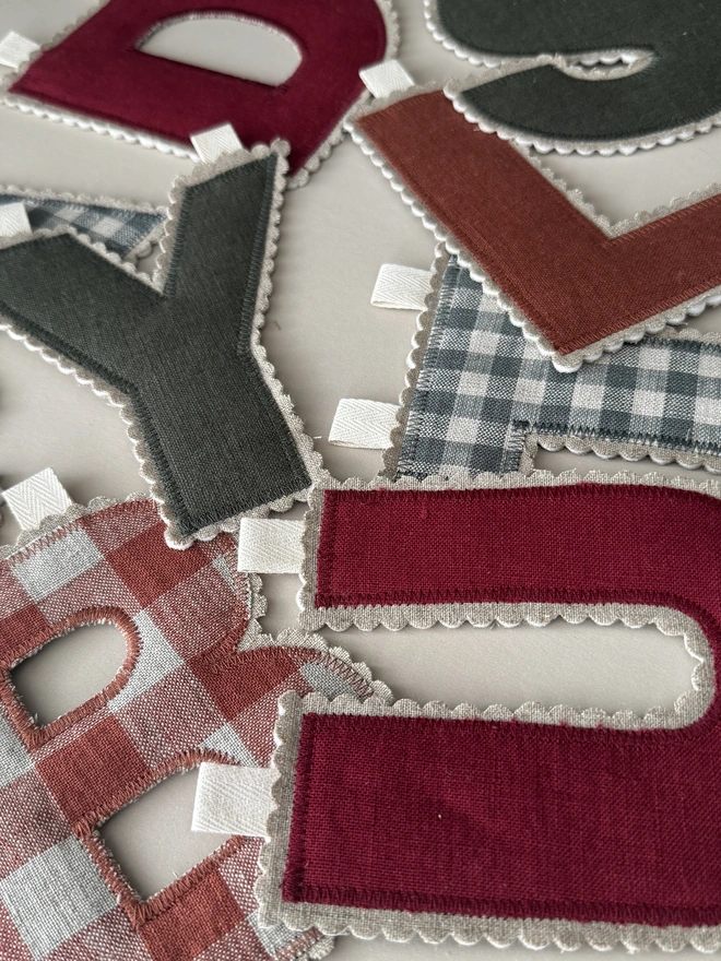Linen Name Garland. Fabric letters in linen checks, green and reds