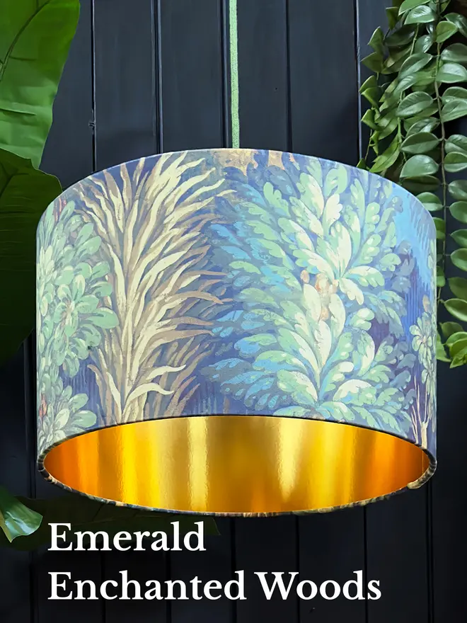 Emerald Enchanted Wood velvet lampshade with forest design and gold lining