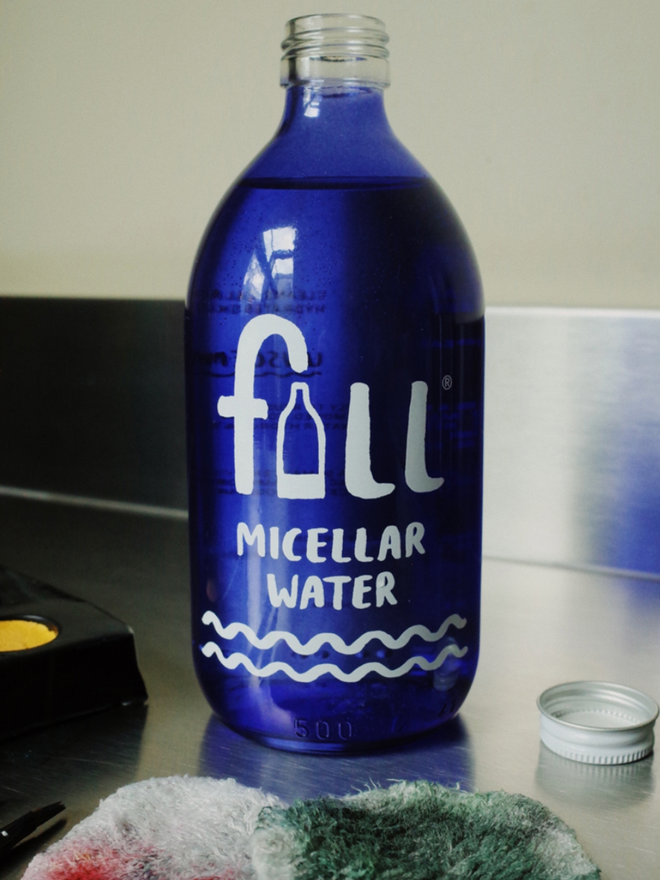 Micellar Water. A bottle of micellar water on a countertop.
