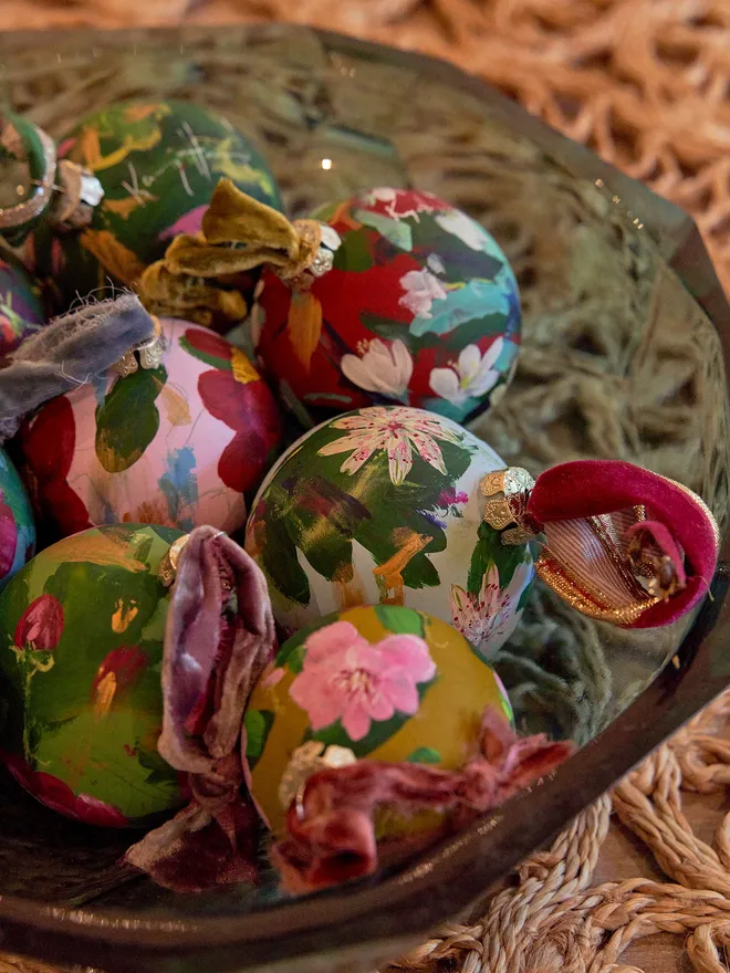 Hand painted floral ceramic Christmas bauble
