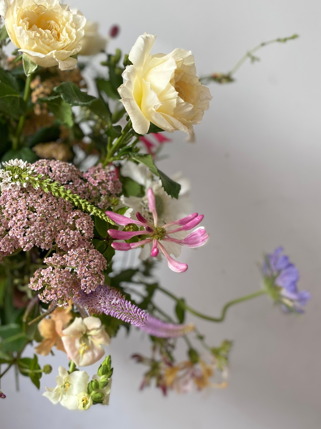 English garden bouquet flower box featuring a wild, hand-tied mix of pastel and bright seasonal blooms, including scented roses, mint, and soft garden foliage, freshly picked in Hampshire for July.