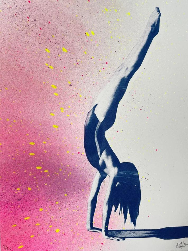 handstand girl pink flecked screen print