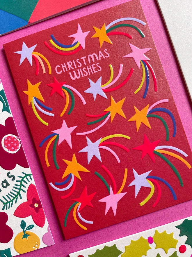 Bright, Colourful & Joyful Star Pattern Christmas Card ‘Christmas Wishes' | Raspberry Blossom 