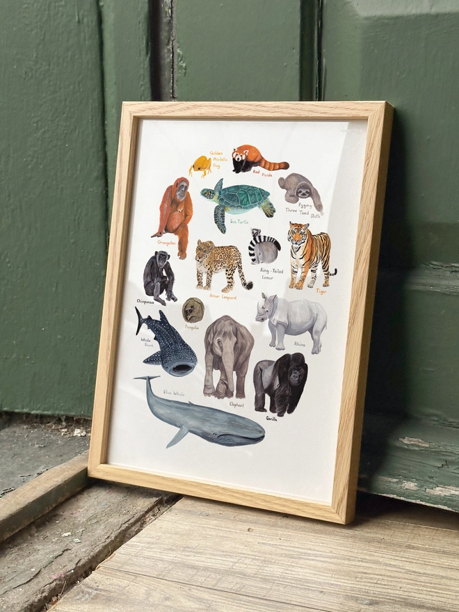 a print featuring illustrations of some of the most endangered creatures in the world