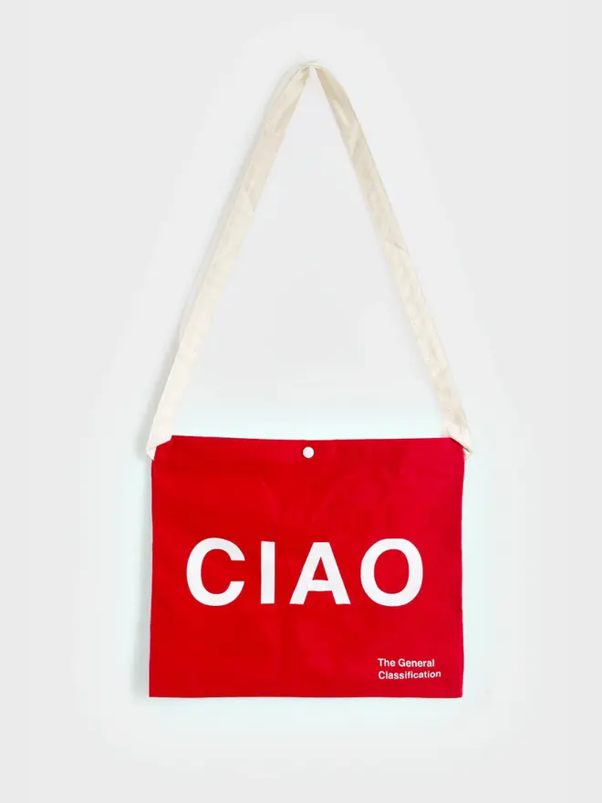'Ciao' Canvas Musette, against a grey background. 