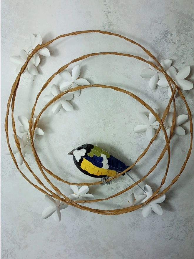 back view of a great tit bird sculpture wall hanging