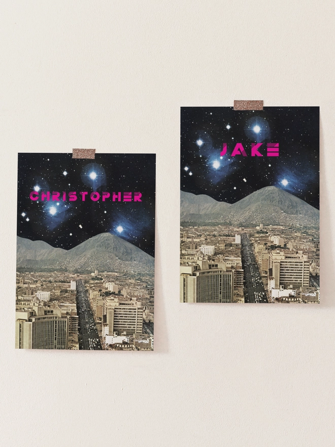 A personalised retro space print featuring a faraway planet deep in space. A bold name in hot pink sits among the stars.