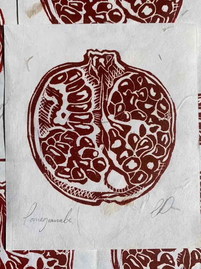 Lino Print Pomegranate On Handmade Paper