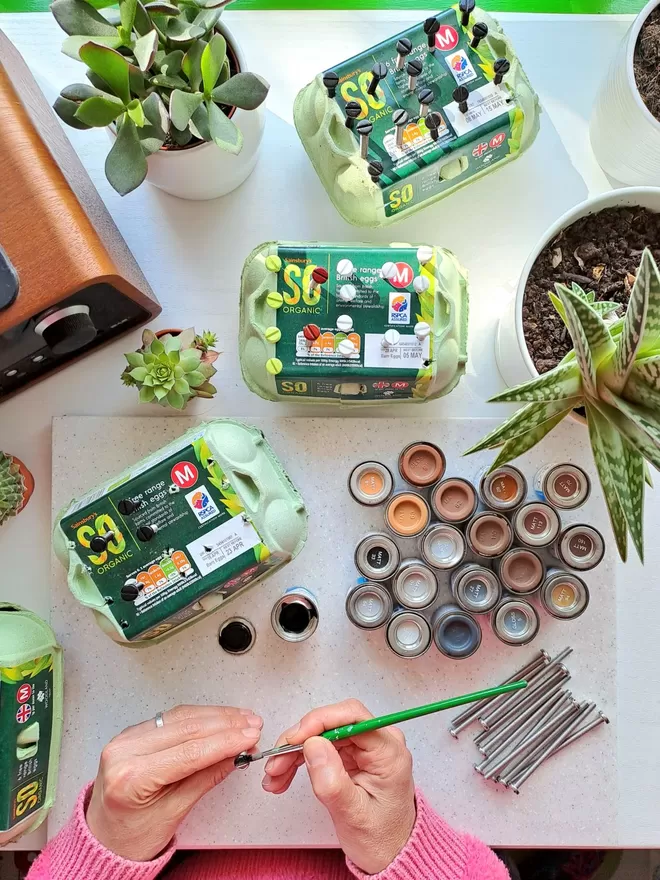 On a white table top there are three green cardboard egg boxes being used to hold bolts that have painted heads, a pair of hands hold a green paint brush and a bolt. On the work top there are twenty small pots of enamel paint, a pile of bolts and a teaspoon to get the paint lids off. There are five succulent plants in white plant pots and terracotta plant pots. The brand is Candy Queen Designs, the hands are Candy Queen’s, she is painting bolt heads to blend with her zebra animal door knobs.