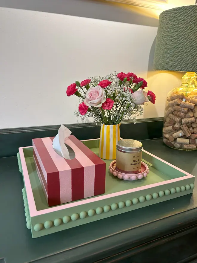 Green Bobbin Style Coffee Table Tray With A Pink Edge