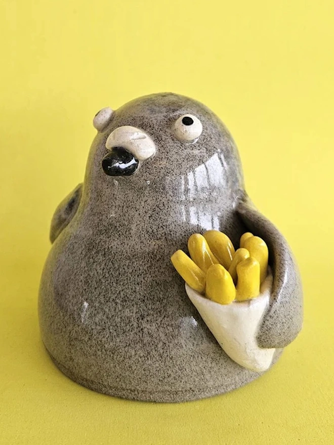 Bryce The Pigeon With Chips Ceramic Sculpture