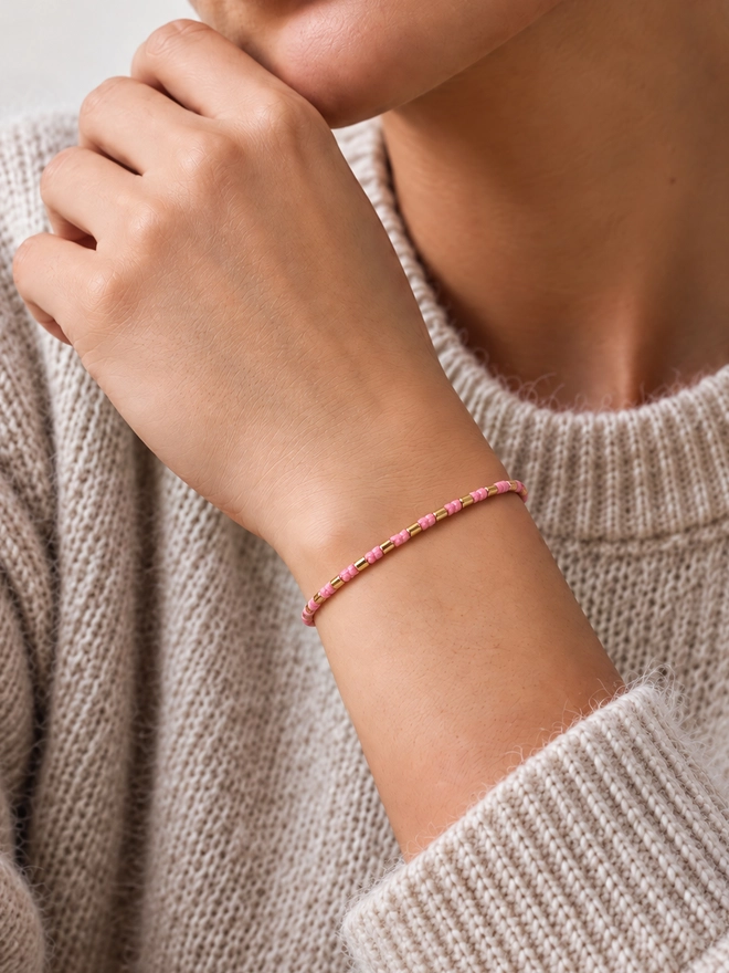 women’s pink cord gold vermeil bead bracelet adjustable handmade UK
