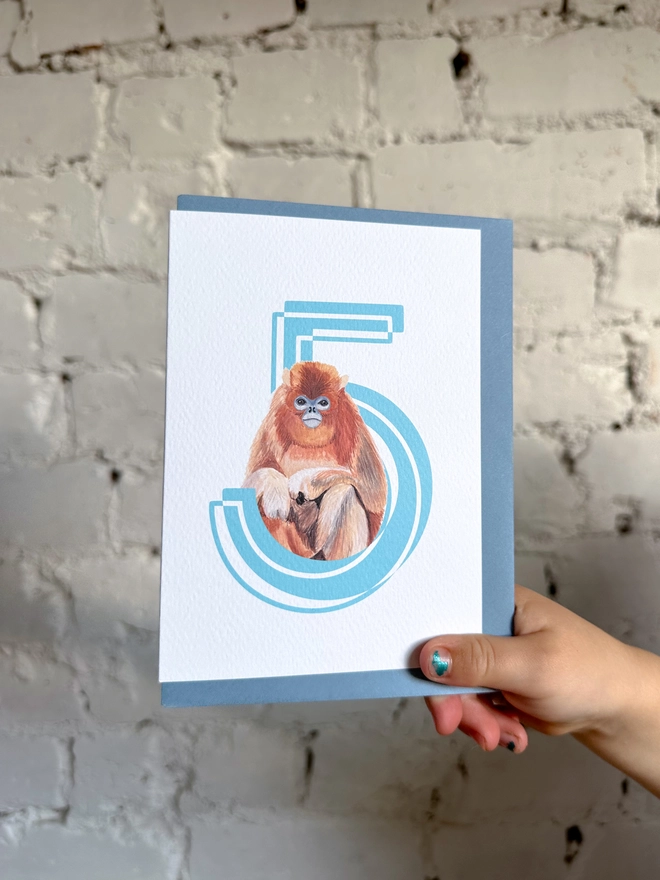 a white card with a big blue number 5 and a snub nose monkey illustration and a blue envelope