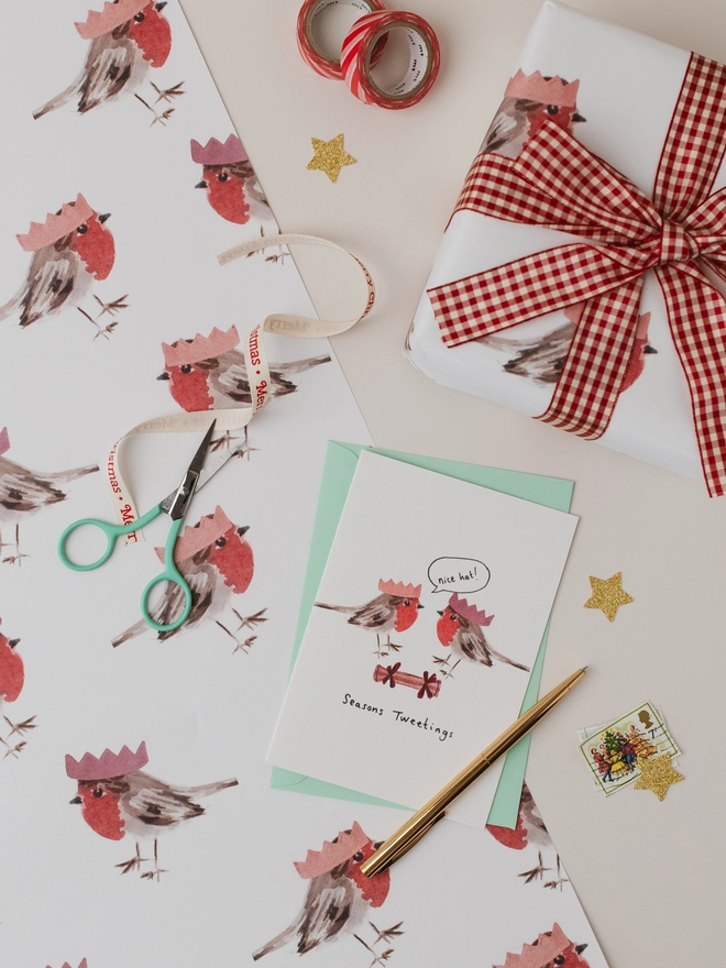 Robin in Hats Christmas Card and Gift Wrap