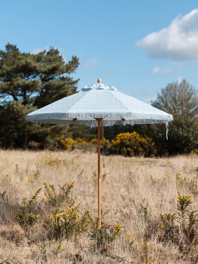 Indian Block Print Parasol. A close up of a blue and white parasol 