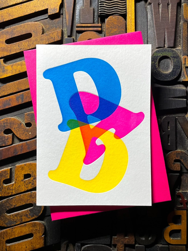 Fathers day typographic letterpress card with fluorescent ink. Deep impression print. Unique with no print being the same. Vibrant colours with matching premium envelopes. With luxurious contrasting coloured envelopes.