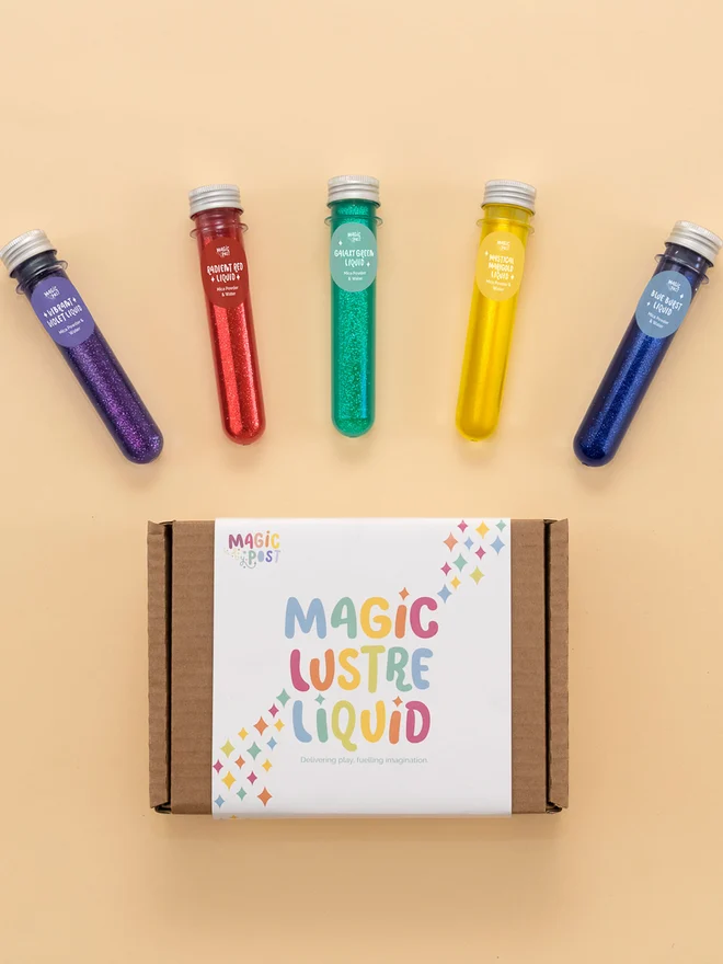 magical lustre liquid potion kit. 5 tubes of glittery potion liquid in purple, red, green, yellow and blue.