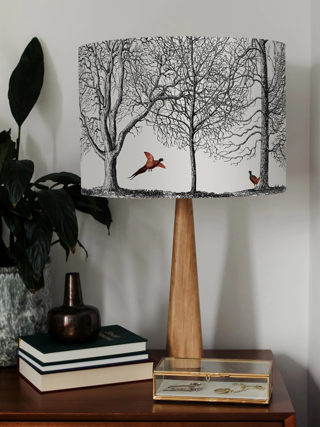 Handmade pheasant lampshade with whimsical woodland illustrations inspired by the British countryside