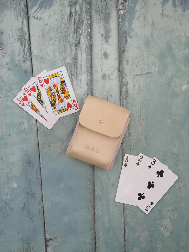 Personalised Leather Double Deck Playing Card Holder. Natural cream case with two packs of playing cards.