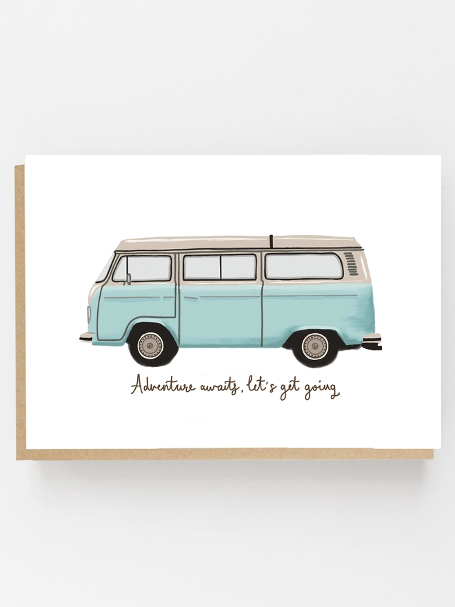 adventure awaits blue vw campervan card