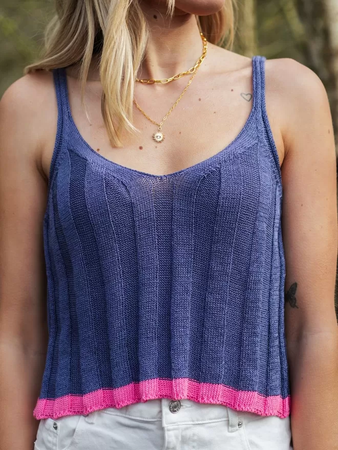 Jodie Knitted Cami Top - Denim - Close Up