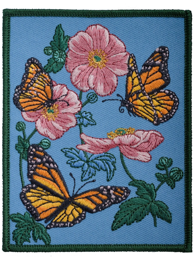 embroidered patch, embroidered card, anemone flower, monarch butterfly, botanical, nature lover