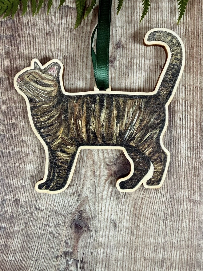 Tabby cat Christmas decoration with green ribbon to hang 