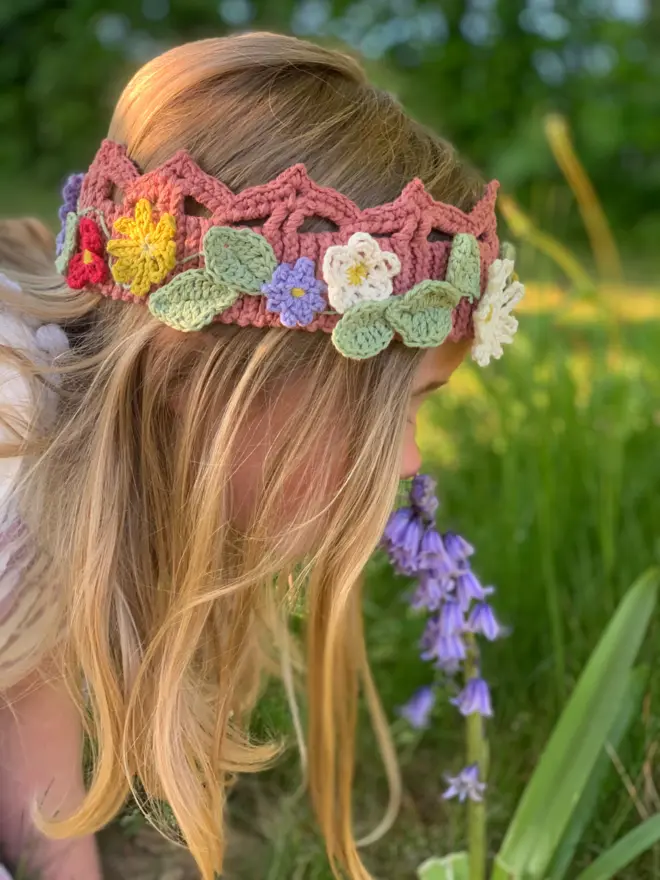Child wearing Midsummer Solstice Flower Crown sold as a Crochet Kit