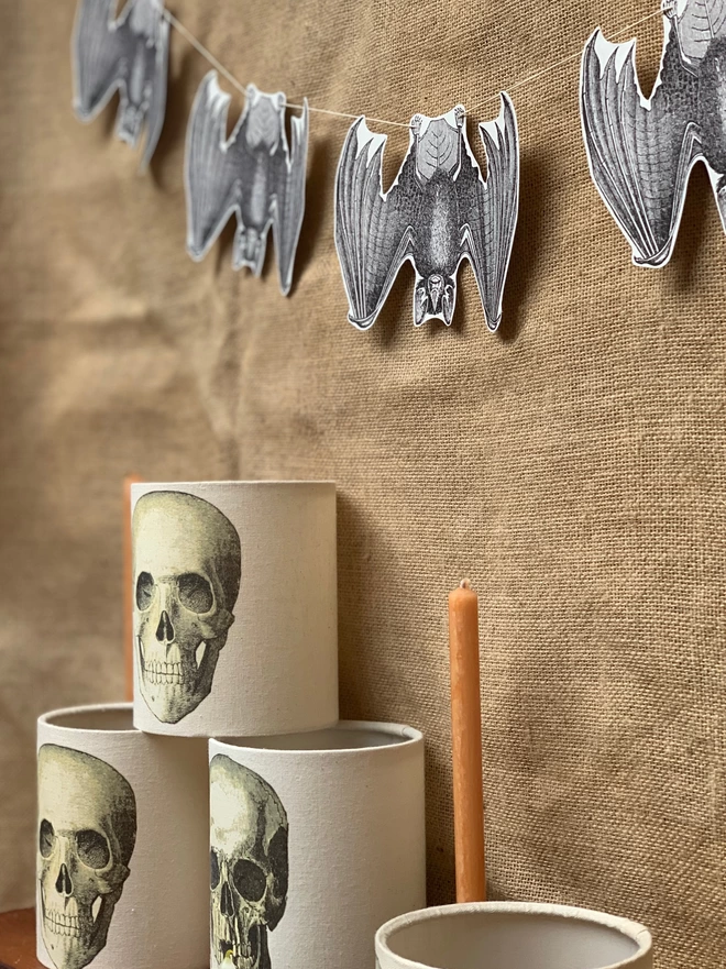 Halloween skull and bat decorations