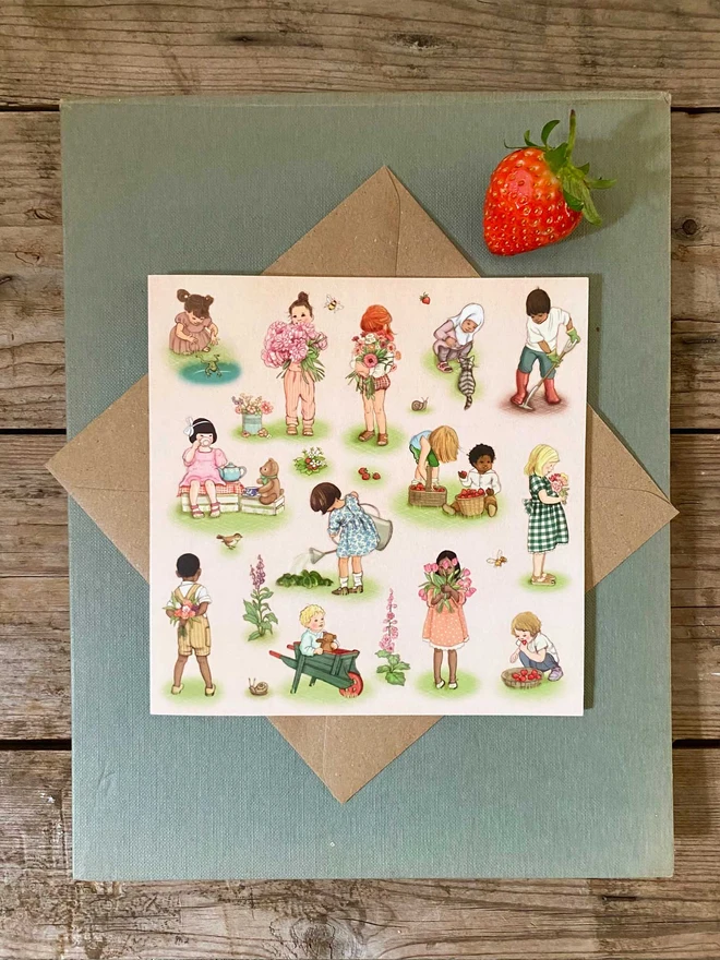 pretty story book style illustrated pink greeting card featuring children picking flowers, picking strawberries